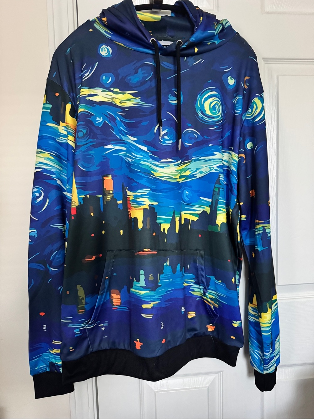 Black Pike XL Starry Night Inspired Graphic Hoodie Blue City Skyline